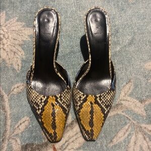 Aeyde Black and Yellow Snakeskin Mules